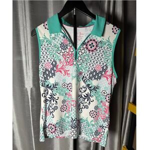 Lillie Green Polo Multicolor Floral Paisley Print Sleeveless Collar Shirt Large